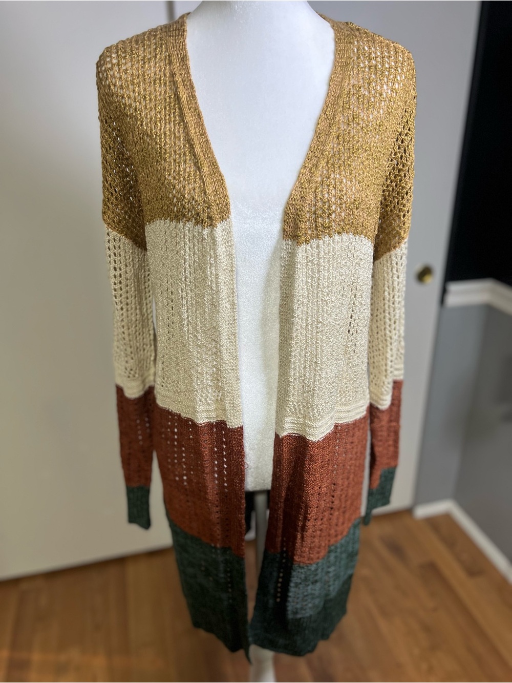 Maurices Open-Front Colorblock Cardigan in Mustard, Cream, Rust & Forest